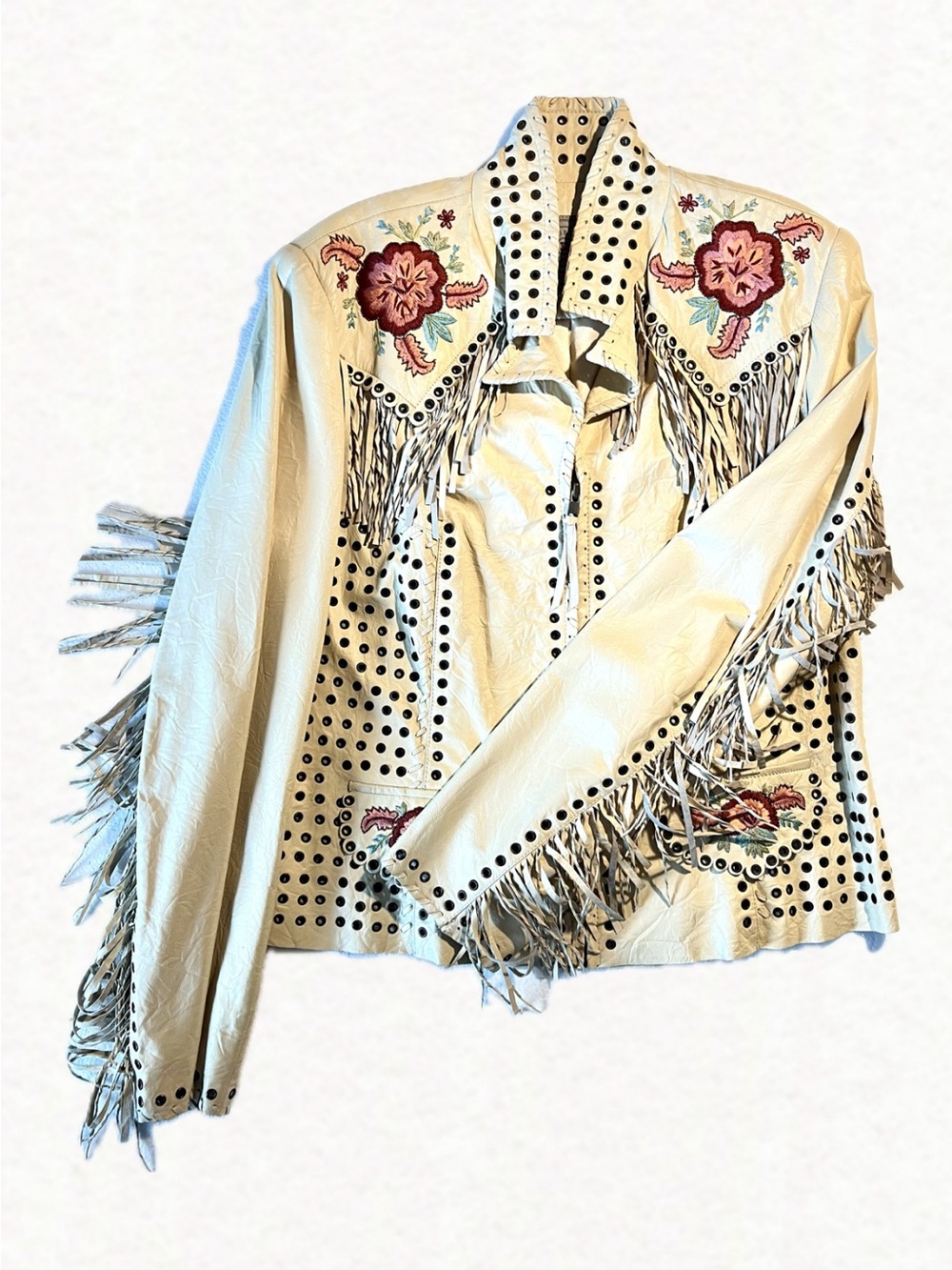 Double D Ranch Cream Fringe Studded Leather Jacket with Floral Embroidery size M